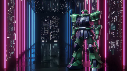 HD wallpaper featuring MS-06 Zaku II from Gundam, standing in a futuristic corridor with neon lights.