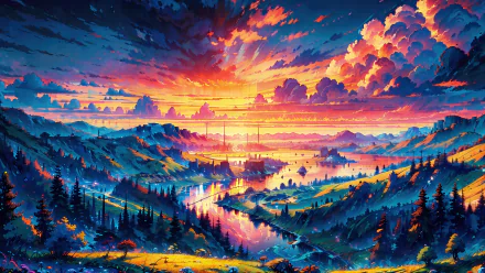 A vibrant 4K Ultra HD landscape wallpaper showcasing a dramatic sunset sky with colorful clouds over a mountainous valley and winding river.