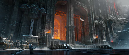 HD desktop wallpaper showcasing the grand, fiery interior of Ironforge from World of Warcraft, featuring detailed dwarf-themed fantasy architecture.