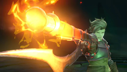 HD wallpaper of a character wielding a flaming sword from Granblue Fantasy: Relink video game, with a dynamic action pose for desktop background.