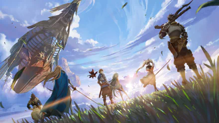 HD desktop wallpaper featuring dynamic characters from Granblue Fantasy: Relink video game set against a vibrant sky backdrop.
