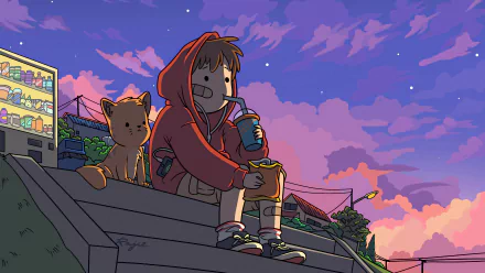 HD wallpaper of a lofi-style cartoon featuring a character relaxedly sitting on steps with a pet, enjoying a chill evening under a twilight sky.