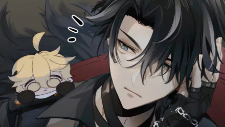 An HD desktop wallpaper featuring Wriothesley from Genshin Impact, showcasing an intense expression with a playful companion in the background. A striking addition for fans of the game.