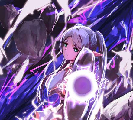Anime-style HD PC desktop wallpaper featuring Frieren from Frieren: Beyond Journey's End, showcasing her with glowing magical effects and a determined expression.