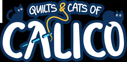 Quilts and Cats of Calico video game title with playful cat silhouette on a crisp HD desktop wallpaper background.