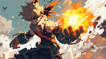 Katsuki Bakugou from My Hero Academia anime unleashing an explosion in an HD desktop wallpaper.