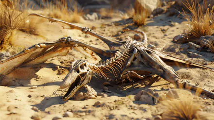 High-definition desktop wallpaper featuring a detailed dinosaur fossil in a desert setting.