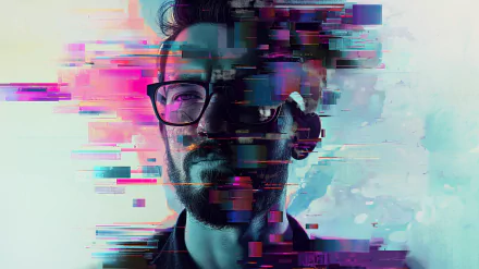 HD desktop wallpaper featuring a stylized hipster man with a beard and glasses in a colorful glitch art effect.