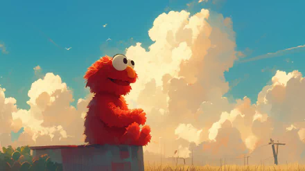 Elmo from Sesame Street sitting and smiling in a scenic HD desktop wallpaper with fluffy clouds in the background.