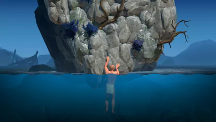 HD wallpaper featuring a climber from a challenging video game grasping a rocky outcrop above water.