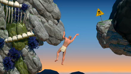 HD wallpaper of a video game character climbing a treacherous cliff with a warning sign, symbolizing 'A Difficult Game About Climbing'.
