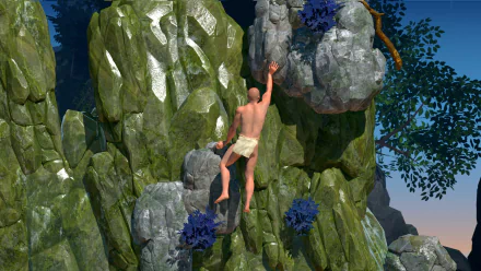 HD desktop wallpaper featuring a character climbing a challenging rocky terrain in a video game about mountain climbing.