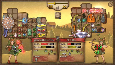 Backpack Battles video game HD desktop wallpaper featuring animated characters engaged in a whimsical battle scene with health and stamina bars visible.
