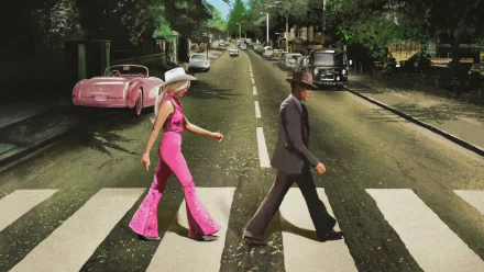 HD wallpaper featuring a creative crossover with a Barbie character and an Oppenheimer character crossing a zebra crossing, reminiscent of a classic movie scene, set against a vintage street backdrop.