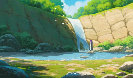 Anime HD desktop wallpaper featuring Fern from Frieren: Beyond Journey's End standing near a serene waterfall in a lush, sunlit forest setting.
