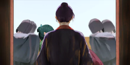 HD anime desktop wallpaper depicting characters from The Apothecary Diaries seen from behind with soft lighting and muted colors.
