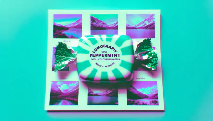 HD desktop wallpaper featuring an artistic peppermint design with cool color tones and mountain collage background.