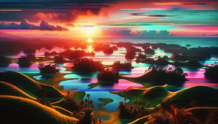 HD desktop wallpaper of a vibrant sunset over a surreal, neon-lit paradise landscape with reflective waters and rolling hills.