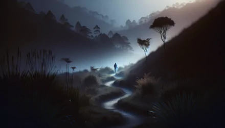 HD wallpaper of a solitary figure walking down a misty trail through a tranquil, forested landscape at dusk.