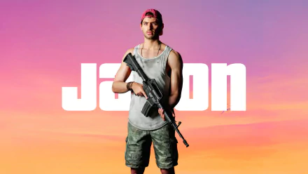 HD desktop wallpaper featuring a character named Jason holding a weapon, set against a vibrant sunset background, from the video game Grand Theft Auto VI.