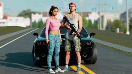 Grand Theft Auto VI game characters standing by a car on a city street - HD wallpaper.