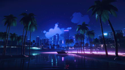 A vibrant HD wallpaper featuring a nighttime cityscape in Grand Theft Auto VI, with palm trees and a boat reflecting neon lights on the water.