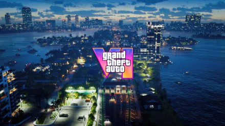HD wallpaper of Grand Theft Auto VI with a vibrant nighttime cityscape backdrop for desktop background.