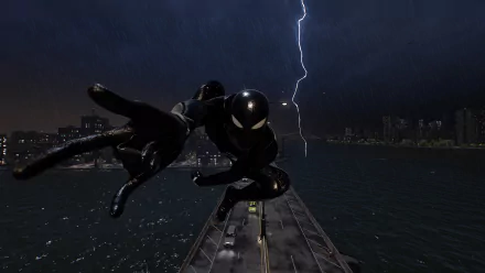 4K Ultra HD PC wallpaper from Marvel's Spider-Man 2 featuring Spider-Man in his black suit leaping over a bridge at night with lightning in the background.