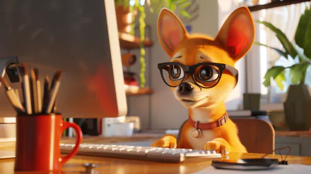 A chihuahua wearing glasses sits at a desk, intently looking at a computer. This HD wallpaper features a warm, cozy workspace filled with plants and stationery.