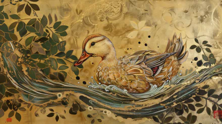 HD desktop wallpaper featuring an illustrated duckling swimming, with a detailed golden floral background design.