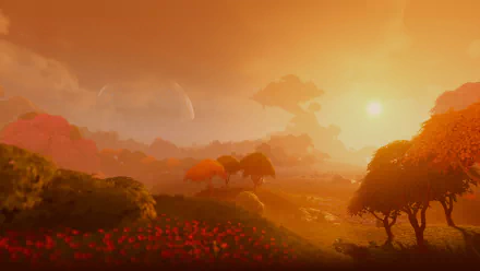 HD desktop wallpaper of Lightyear Frontier video game featuring a serene sunset landscape with vibrant flora and ambient clouds.
