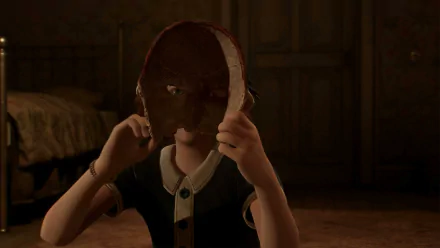 HD wallpaper of a scene from the 2024 video game Alone in the Dark, featuring a character holding a mysterious broken mask in a dimly lit room.