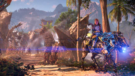 HD wallpaper of Aloy from Horizon Forbidden West game with a robotic mount in a lush jungle environment.