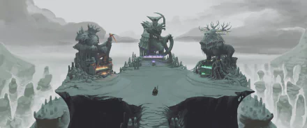 Acolyte of the Altar video game HD wallpaper featuring a mystical altar with dragon and stag statues under a gloomy sky.