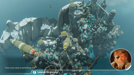 HD desktop wallpaper featuring a scene from Bulwark: Falconeer Chronicles video game with a vibrant island fortress and character avatar inset.