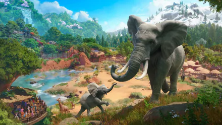 HD wallpaper of elephants in a vibrant Planet Zoo game environment, featuring detailed wildlife and a scenic zoo landscape.