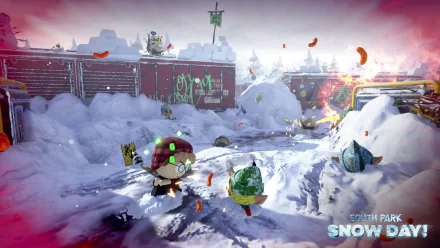 HD wallpaper featuring a snowy scene from the video game 'South Park: Snow Day!' with characters in winter gear amidst snowballs and icy backdrops.