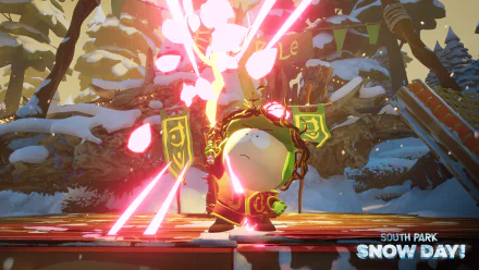HD desktop wallpaper of South Park: Snow Day video game featuring a character with glowing powers in a snowy setting.