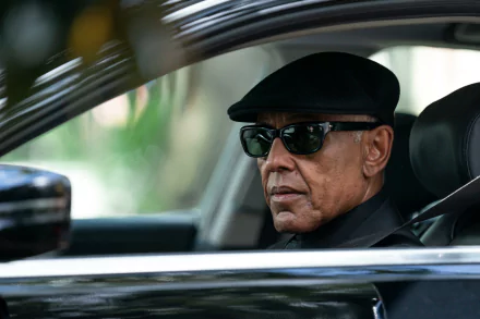 Stylish character wearing sunglasses and a beret driving a car from the TV show 'Parish (2024)' featured as an HD desktop wallpaper.