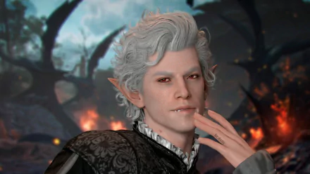 HD wallpaper of Astarion from Baldur's Gate 3 video game, featuring a close-up of the character with a contemplative expression against a fiery background.