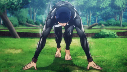 HD wallpaper featuring Mash Burnedead from Mashle: Magic and Muscles anime in a ready stance, set against a vibrant forest backdrop.