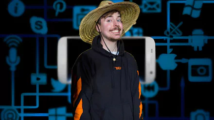 Smiling man wearing a straw hat and black hoodie with a tech-themed backdrop for an HD desktop wallpaper.
