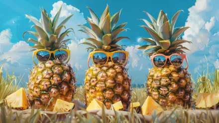 HD wallpaper featuring three quirky pineapples wearing sunglasses against a blue sky background.