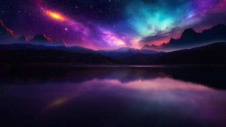 HD desktop wallpaper showing a serene lake reflecting mountains under a vibrant night sky filled with stars, a glowing galaxy, and colorful cosmic clouds.