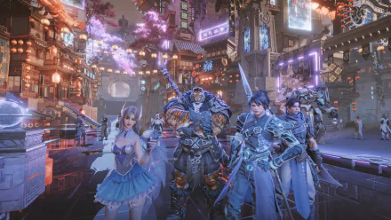 HD desktop wallpaper featuring characters from the video game Perfect New World set in a vibrant, futuristic cityscape.