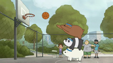 We Bare Bears characters playing basketball in an HD desktop wallpaper with Grizzly, Panda, and Ice Bear stacked up as children watch in the background.