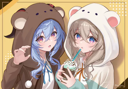 4K Ultra HD wallpaper featuring Ganyu from Genshin Impact and Firefly from Honkai: Star Rail wearing bear-themed hoodies against a warm, patterned background.