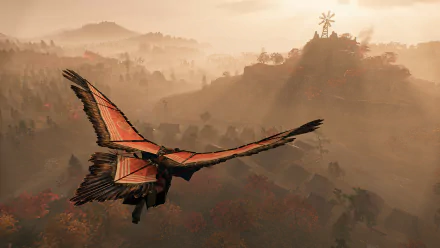 A vibrant HD desktop wallpaper from the video game Rise of the Rōnin, featuring a character soaring through a misty landscape with a striking orange-winged glider.