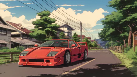 Anime-inspired HD wallpaper featuring a red Ferrari F40 on a scenic road with Studio Ghibli style background.
