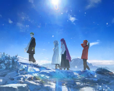 HD anime wallpaper featuring Frieren, Fern, and Stark from Frieren: Beyond Journey's End walking through a snowy landscape under a bright blue sky.